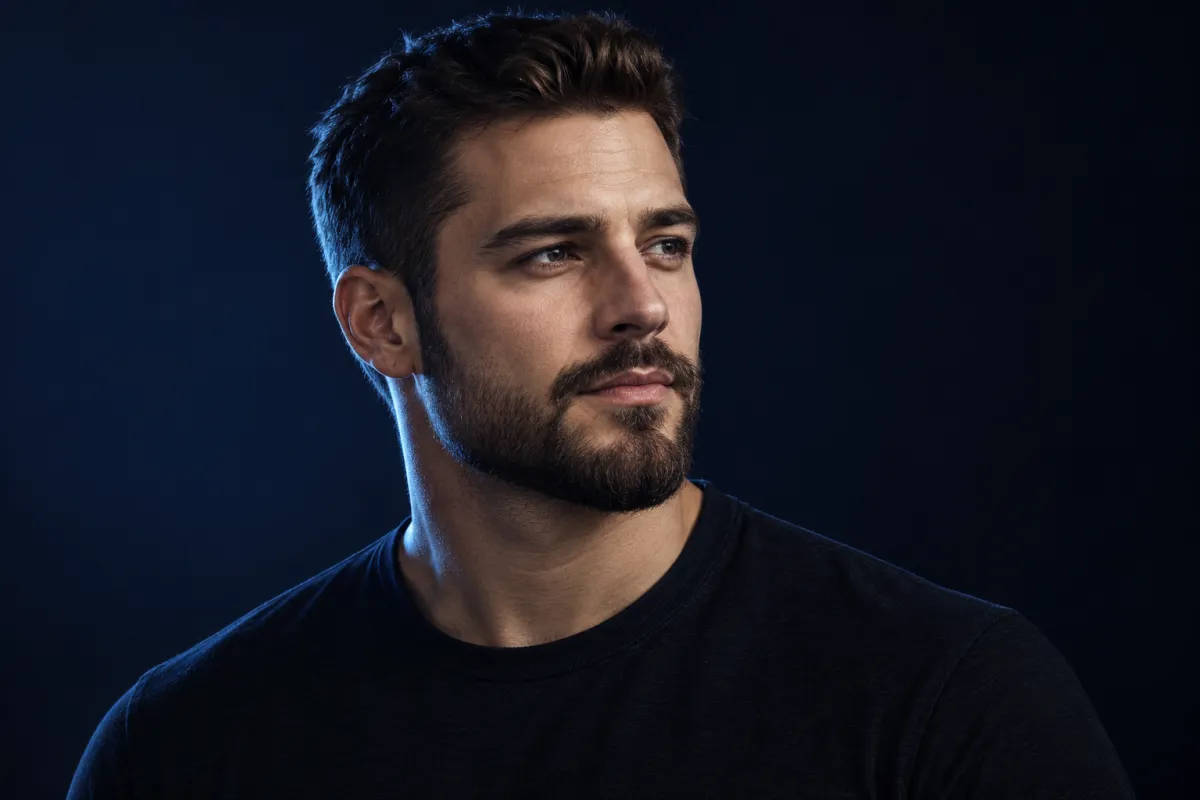 Side-lit portrait of a man with a short, neatly groomed boxed beard against a deep navy background.