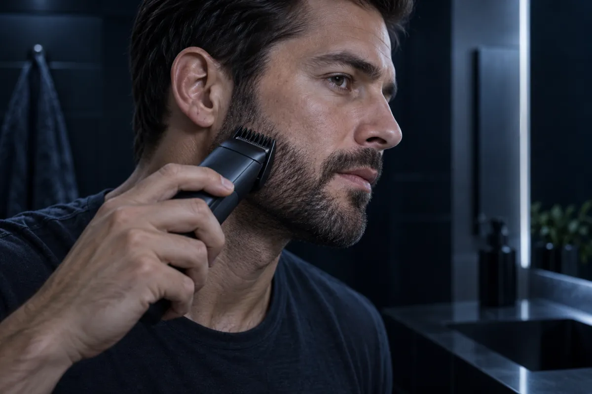 A man shaping the cheek line of his short beard with a cordless trimmer fitted with a comb guard.