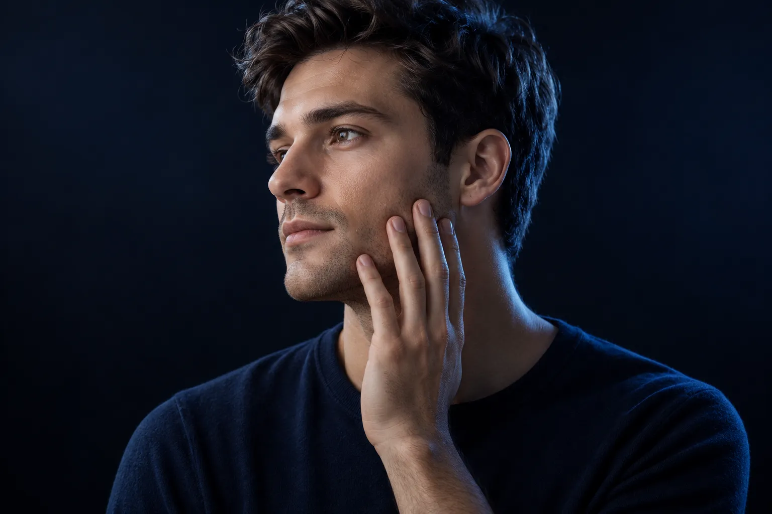 Adult man resting his fingertips lightly against his cheek and jaw in cool light against a navy background