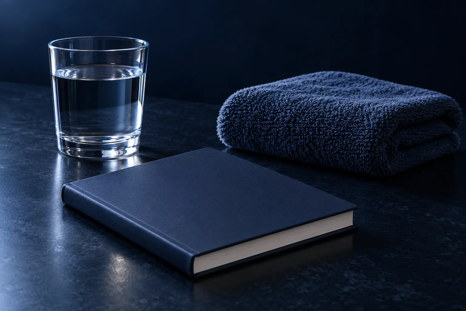 Closed navy notebook beside a folded towel and glass of water on a dark counter