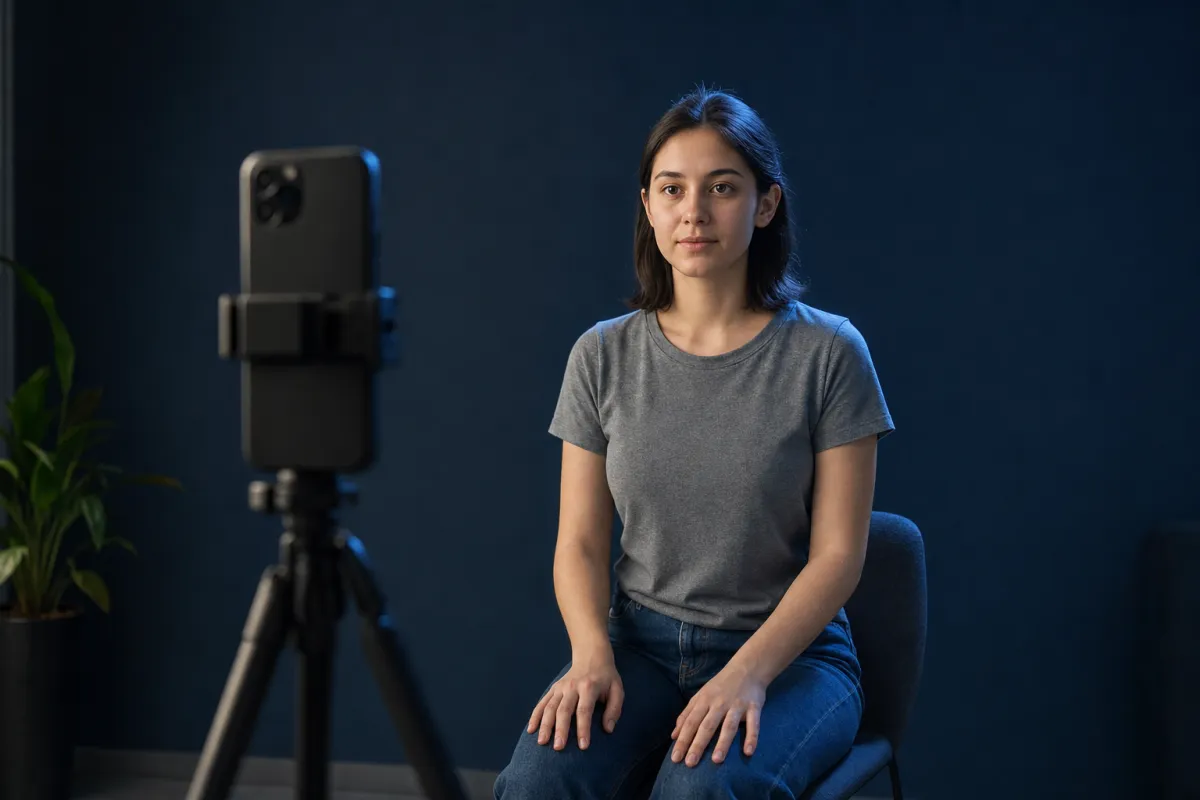 A young woman with a bare face sitting on a chair in front of a phone on a tripod, ready to take a front progress photo