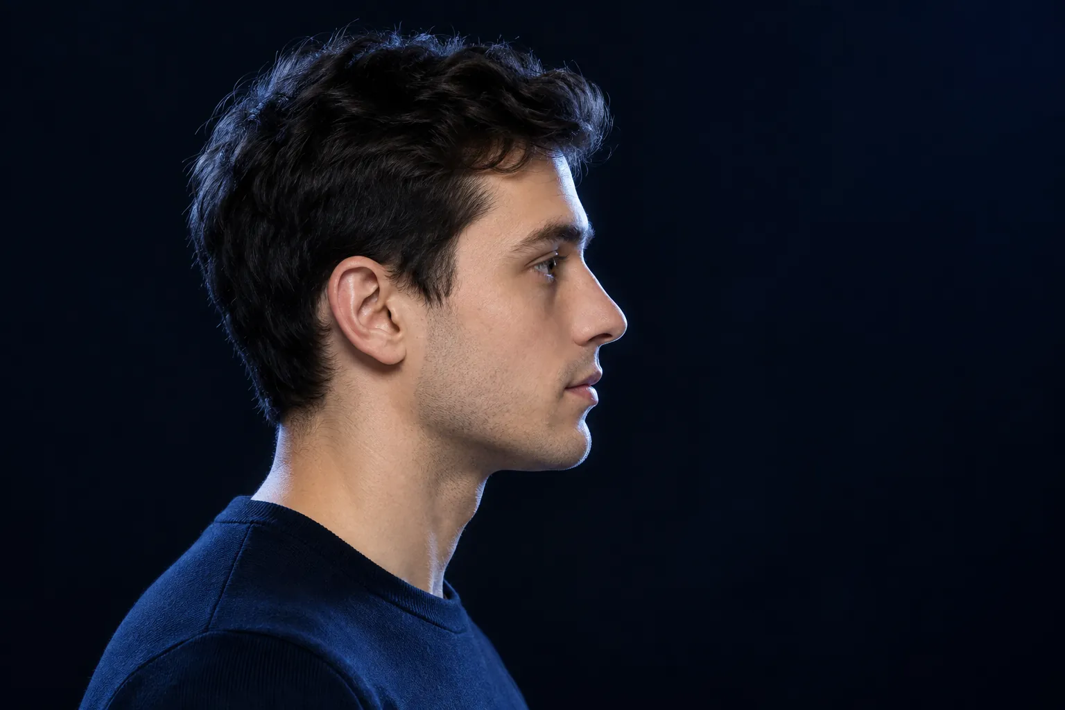 Fictional adult man in strict side profile, with cool rim light outlining his nose, lips and chin against a navy background