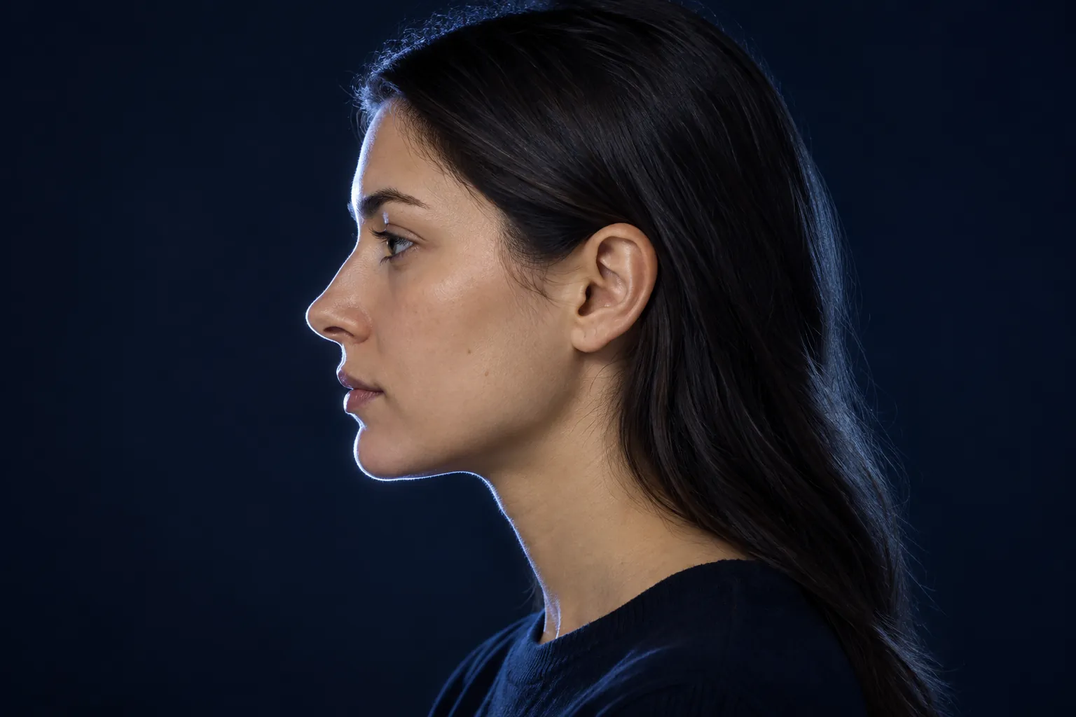 Fictional adult woman in strict side profile with her head level, hair behind her ear and cool light against a navy background