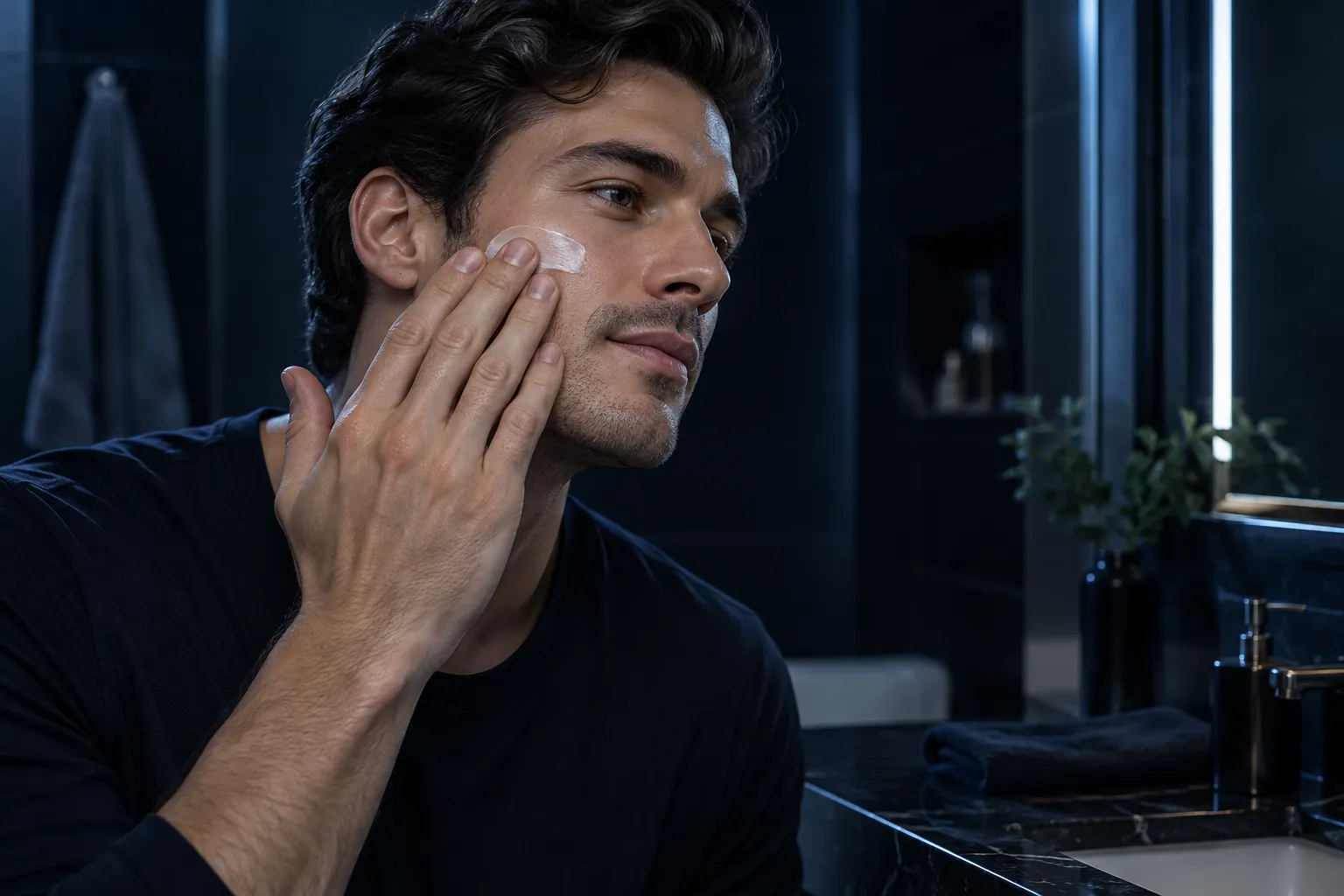 Adult in profile applying moisturizer to one cheek in a navy bathroom