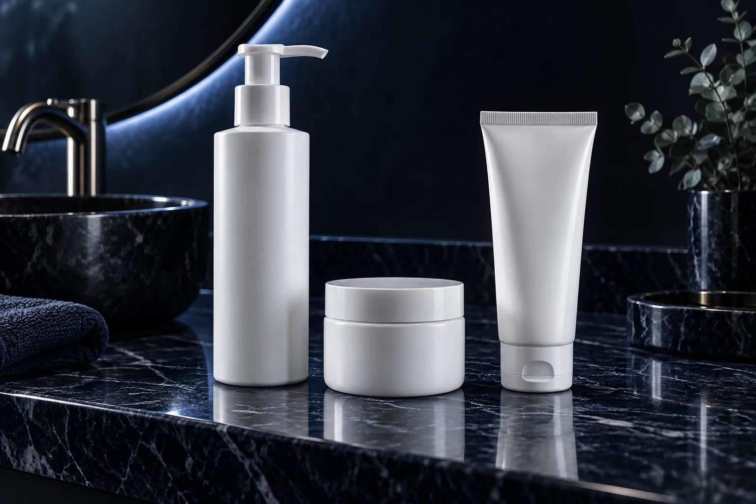 Three blank skincare containers standing on dark navy marble beneath a cool backlit mirror