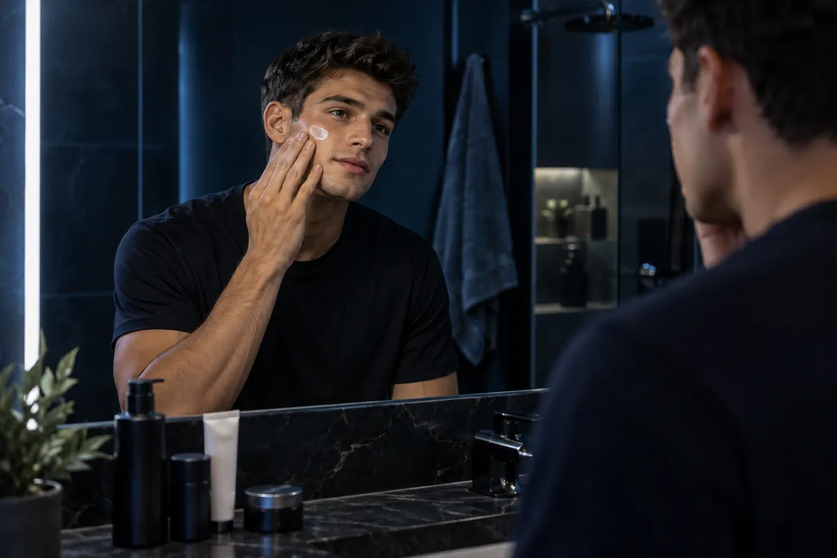 Young man applying moisturizer to his cheek in a dim bathroom mirror