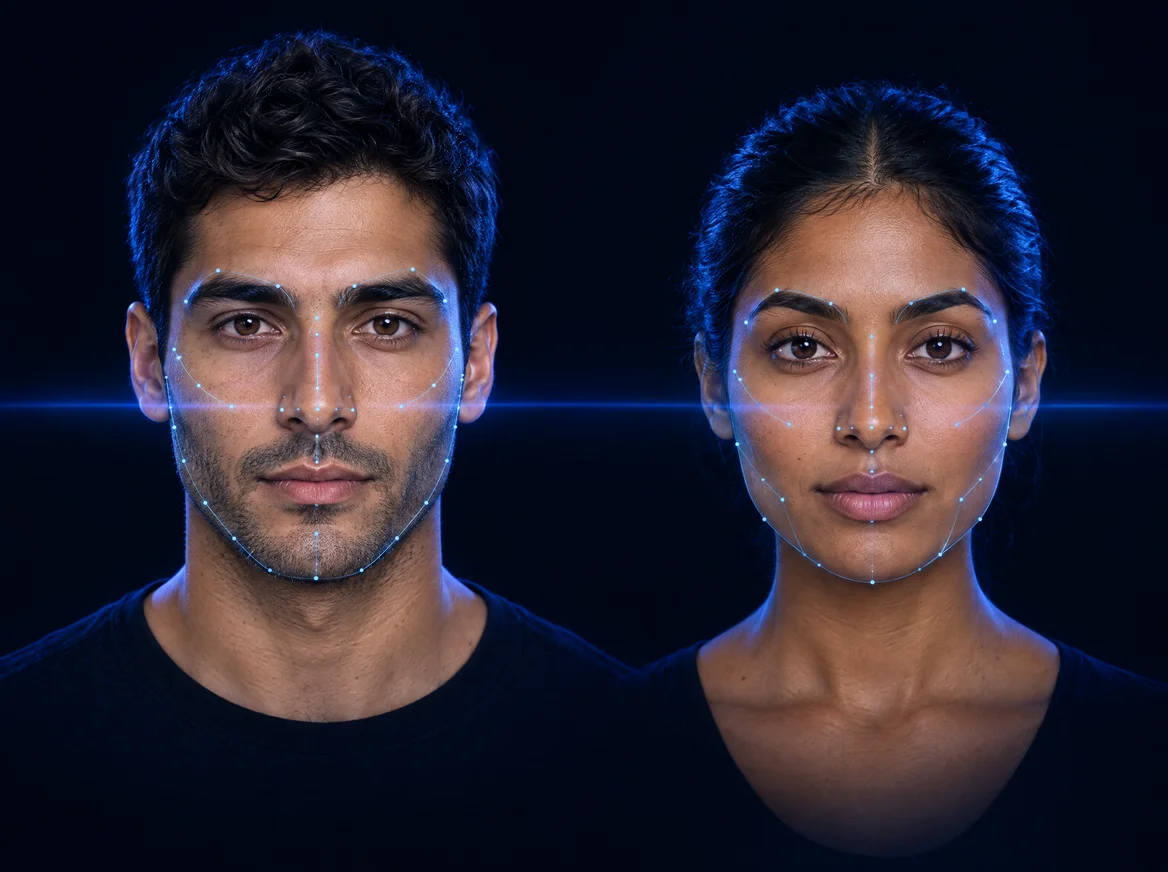 Illustration of a man and woman with blue facial scan markers