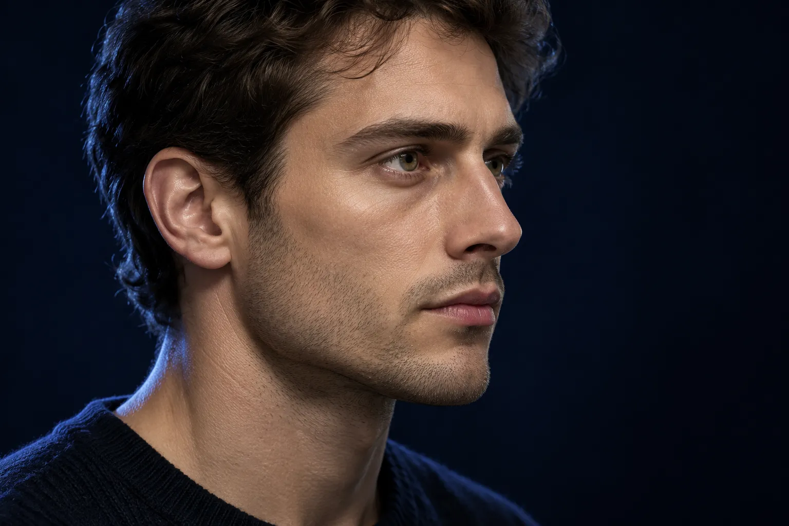 Fictional adult man in side profile, with cool light shaping the under-eye and cheek against a deep navy background