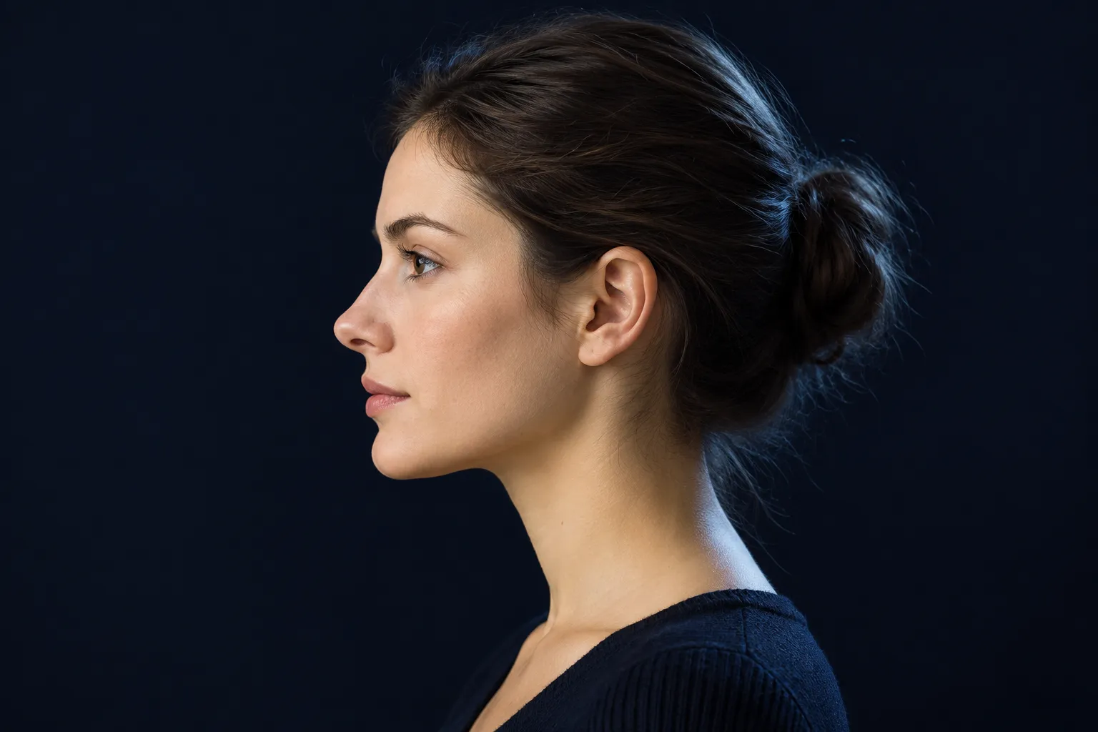 Fictional adult woman in a true side profile at eye level against a navy wall, with even light on the under-eye and cheek