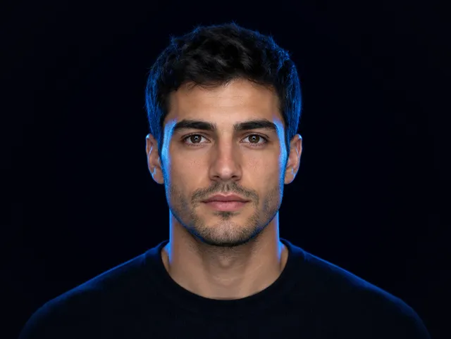 Sample attractiveness scan: facial landmark mesh, midline and eye and mouth guides on an AI-generated portrait